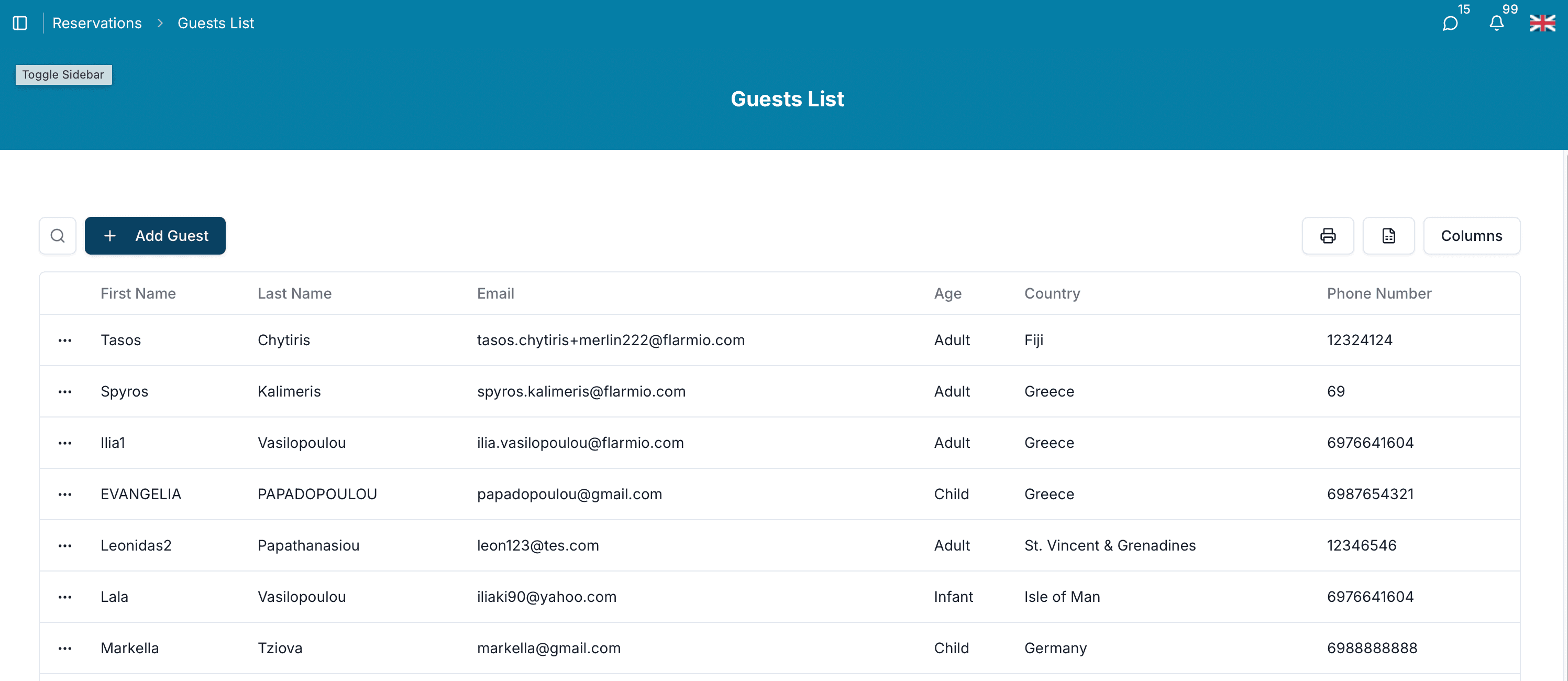 Guest, Company and Invoice Lists