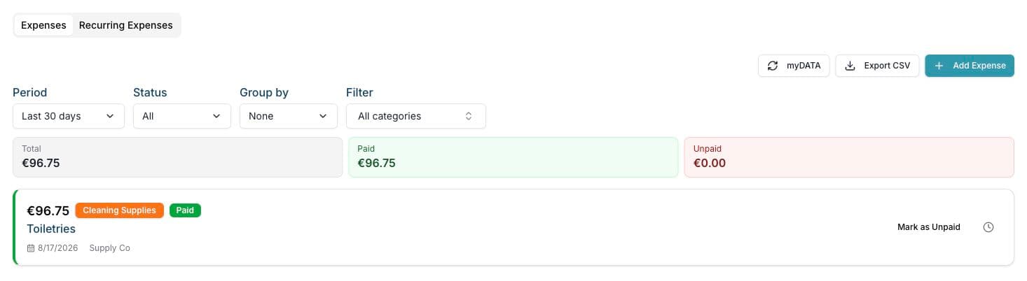 Roomismo expense overview with filters, paid and unpaid totals, and a sample supplier expense