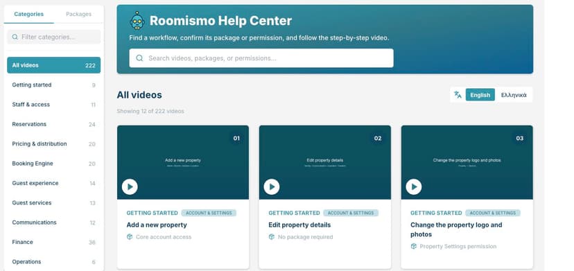 Roomismo Help Center with its searchable video tutorial library
