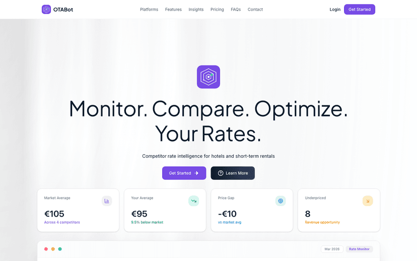 OTABot homepage showing the tagline Monitor, Compare, Optimize Your Rates