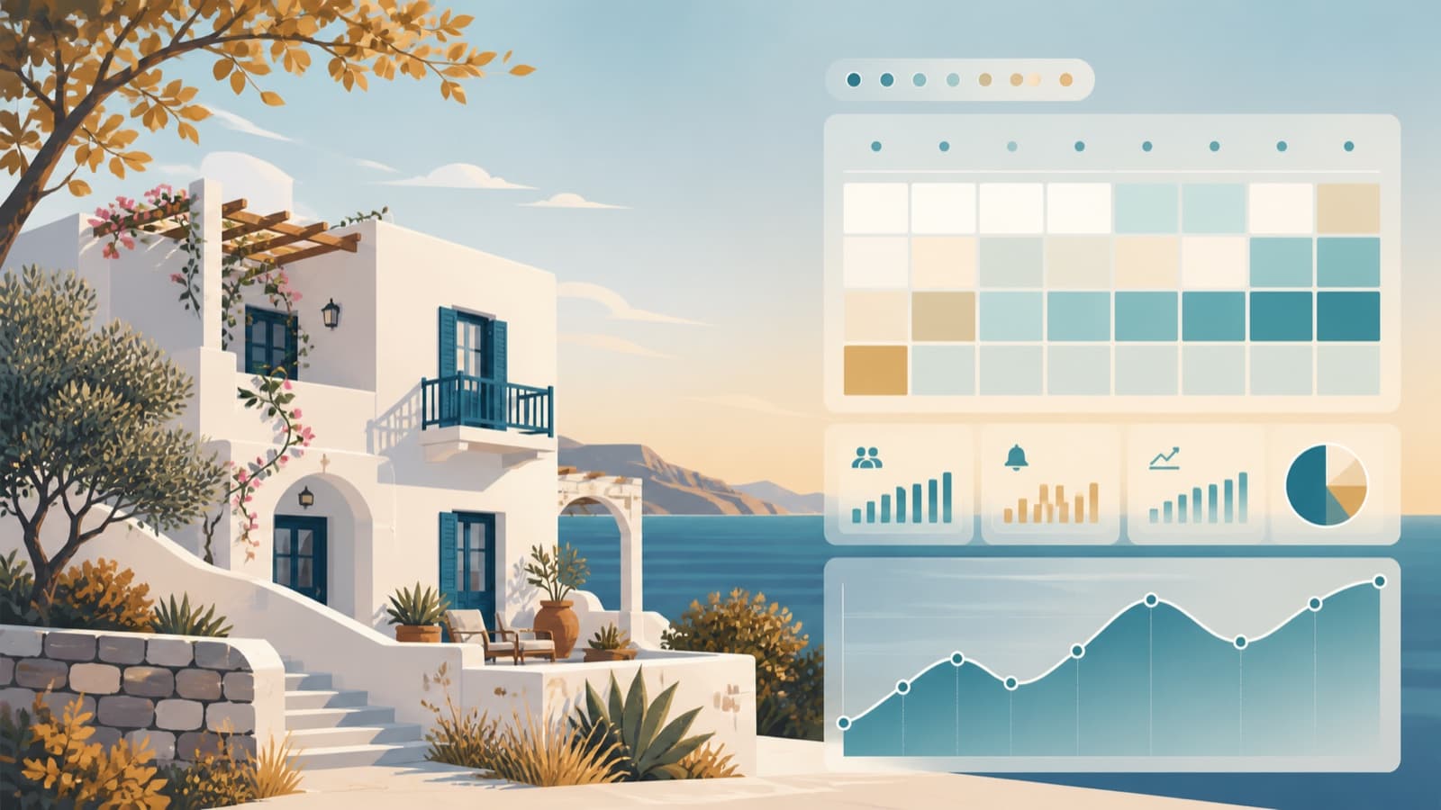 Greek boutique hotel with a dynamic pricing calendar and revenue chart